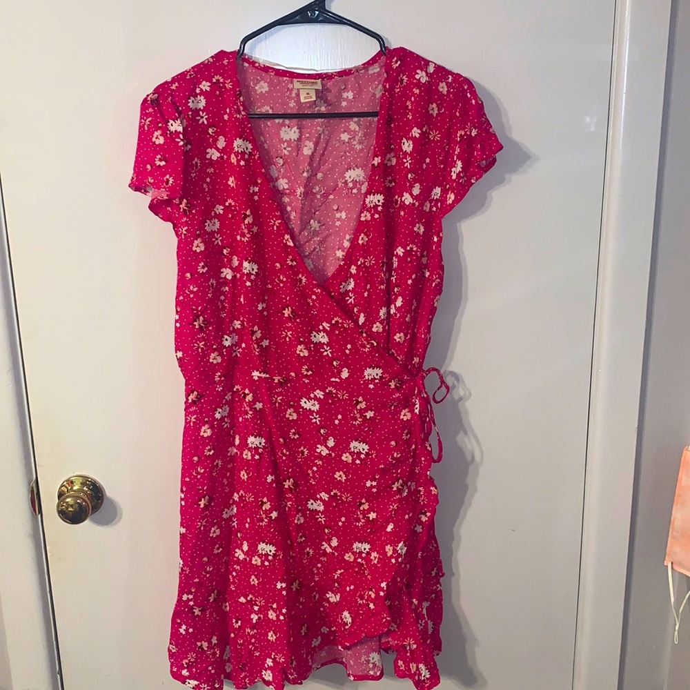 Pink floral faux wrap style dress